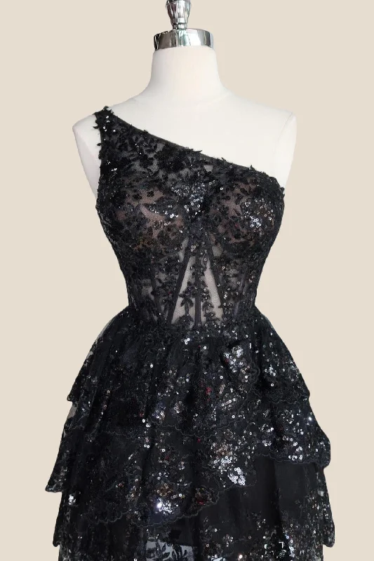 One Shoulder Black Appliques Ruffles Short Party Dress A-Line Day Work