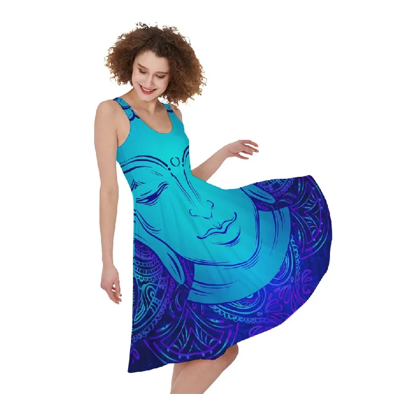 Blue Buddha Print Sleeveless Knee Length Dress Tunics Occasion special