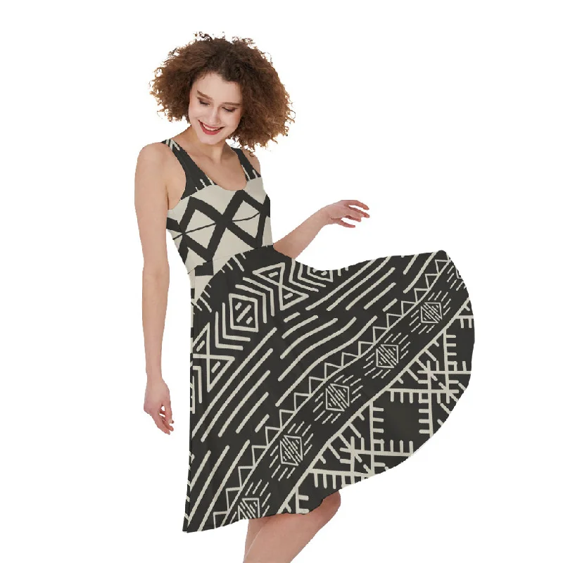 Black And Beige Aztec Pattern Print Sleeveless Knee Length Dress Tunics Stylish modern
