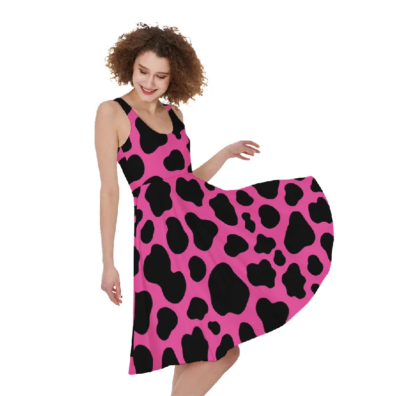 Black And Hot Pink Cow Print Sleeveless Knee Length Dress Tunics Stylish elegant