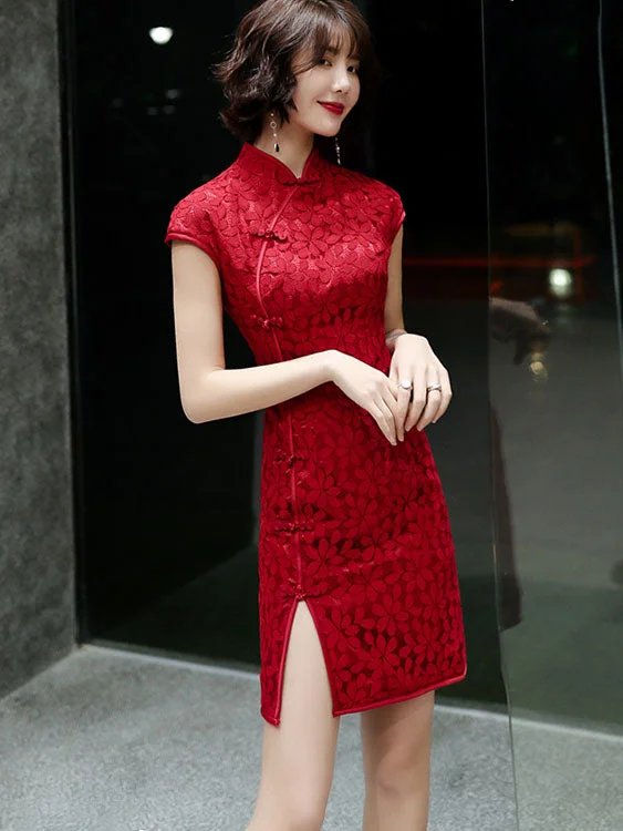 Red White Lace Short Qipao Cheongsam Party Dress Tunics Print Colorful