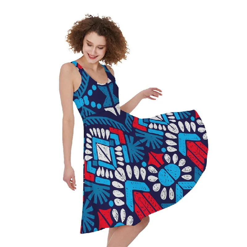 Blue And Red Aztec Pattern Print Sleeveless Knee Length Dress Tunics Exclusive limited