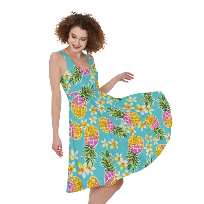 Aloha Summer Pineapple Pattern Print Sleeveless Knee Length Dress Tunics Evening elegant