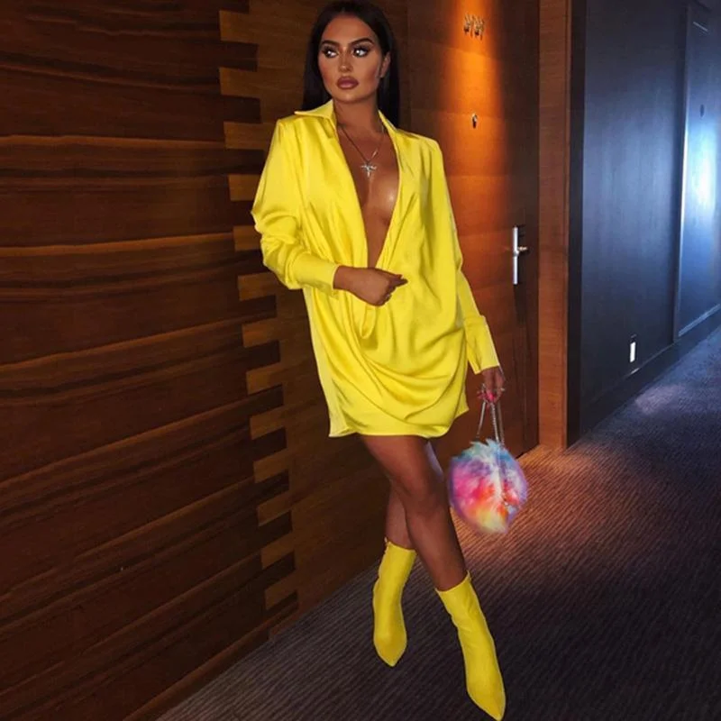 FashionSierra - Low cut v neck shirt dress Women long sleeve draped loose dresses Summer 2019 sexy party dress Yellow vestidos mujer 2019 Tunics Timeless classic