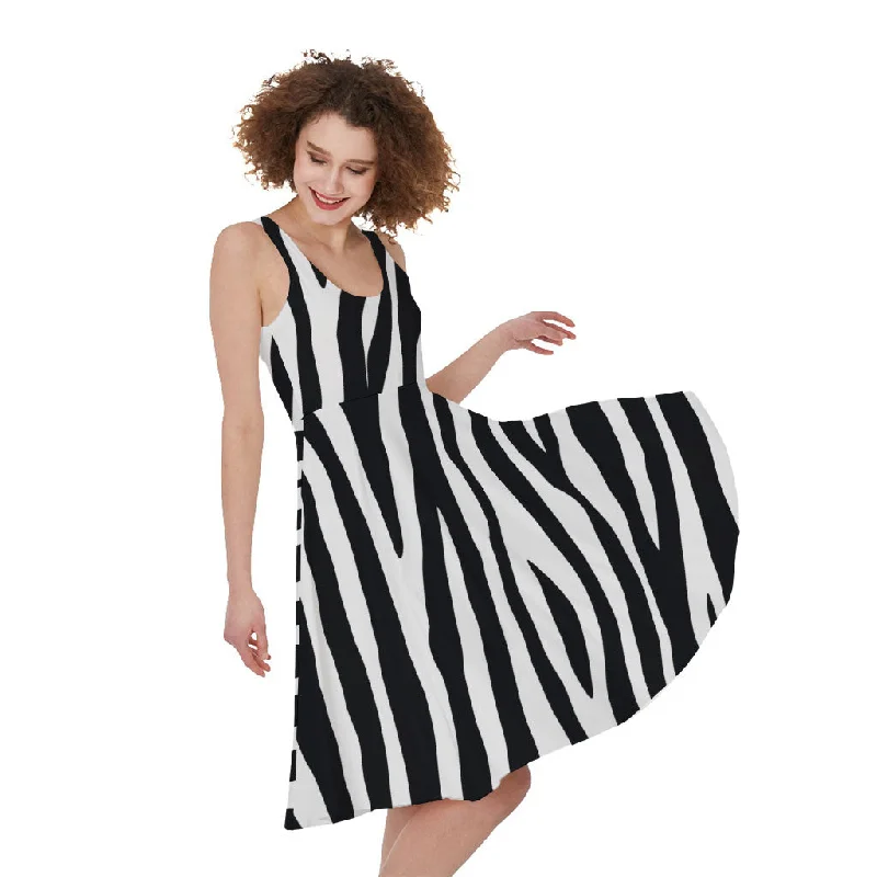 Black White Zebra Pattern Print Sleeveless Knee Length Dress Tunics Fashionable chic