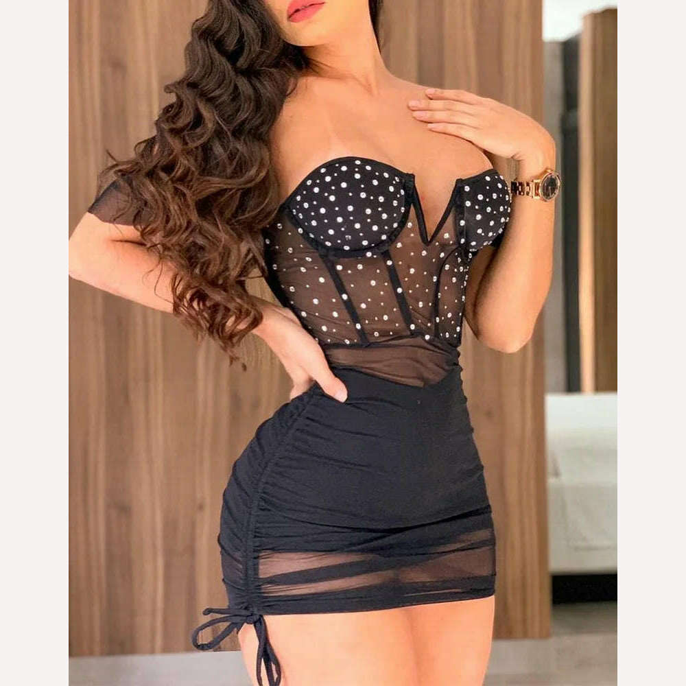 Summer Women Sexy Strapless Off Shoulder Rhinestone Mesh Patchwork Bodycon Mini Party Dresses Tunics Spring floral