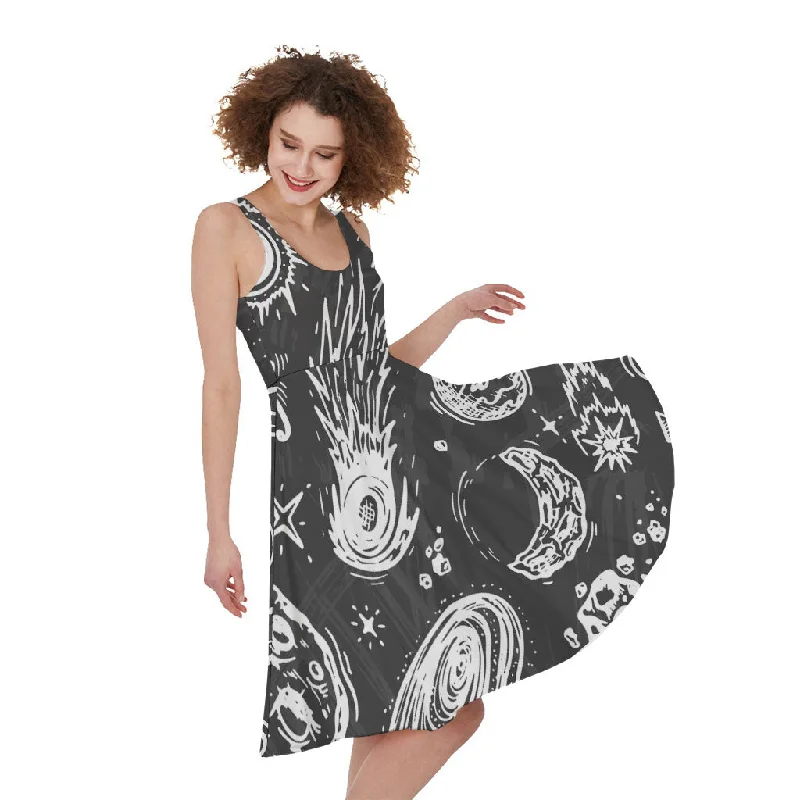 Black White Galaxy Outer Space Print Sleeveless Knee Length Dress Tunic Top Casual