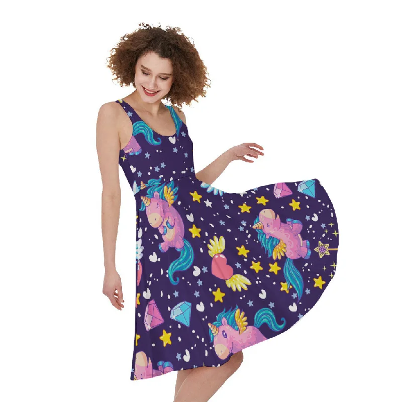 Cute Night Star Unicorn Pattern Print Sleeveless Knee Length Dress Off-the-shoulder Chic Trendy