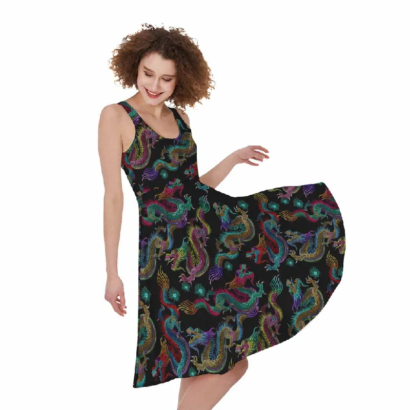 Chinese Dragon Pattern Print Sleeveless Knee Length Dress Tunics Polka dots