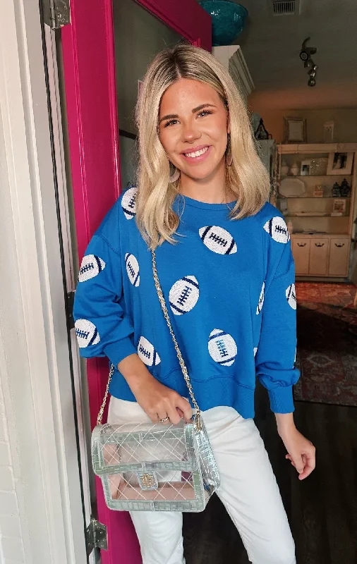 Sweatshirt Millie Blue & White Football Hoodie with Hem Embroidery Detailed Premium