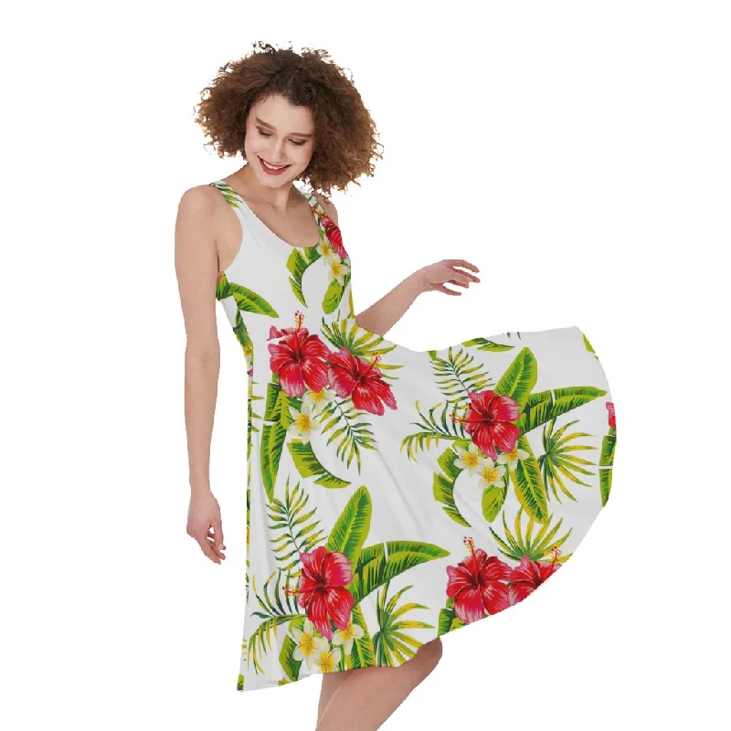 Aloha Hibiscus Tropical Pattern Print Sleeveless Knee Length Dress Tunics Formal black