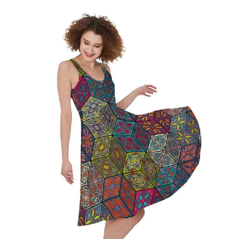 Bohemian Indian Box Pattern Print Sleeveless Knee Length Dress Tunics Chic elegant