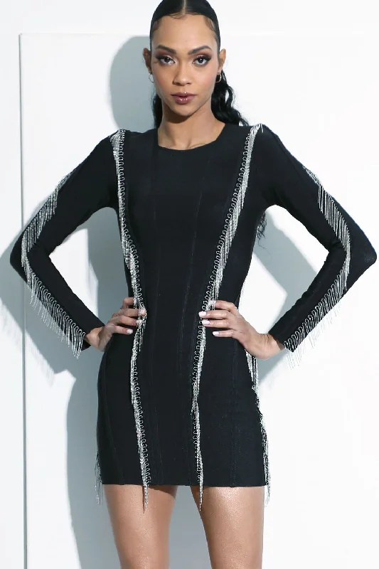 XENA | Women's Black Metal Fringe Mini Party Dress Pleated Skirt Elegant