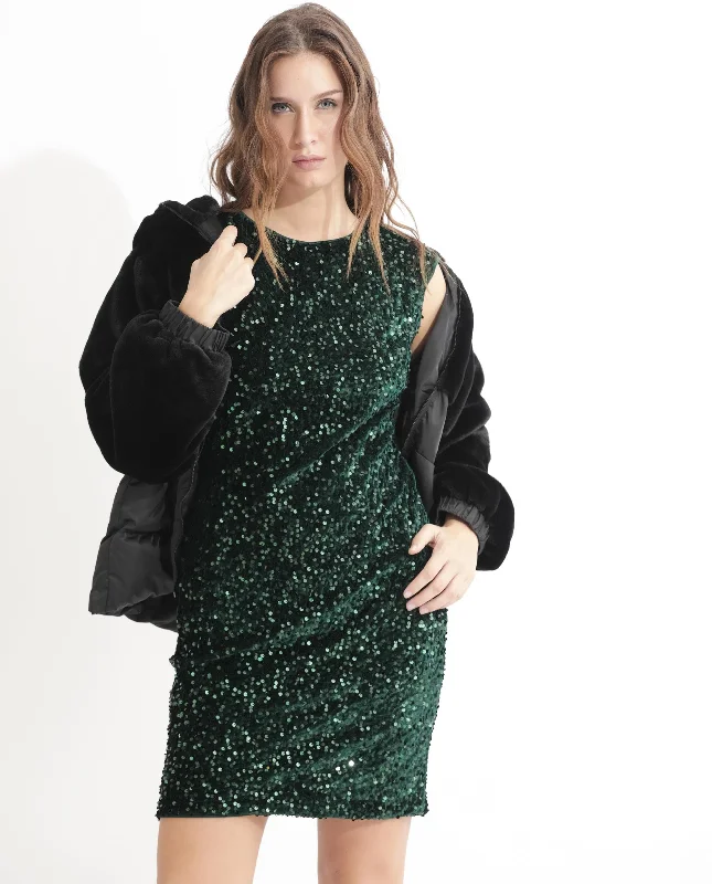 Rareism Women Briar Sheen Green Round Neck Sleeveless Sequin Bodycon Mini Dress Trendy Button-Detail Mini Dress