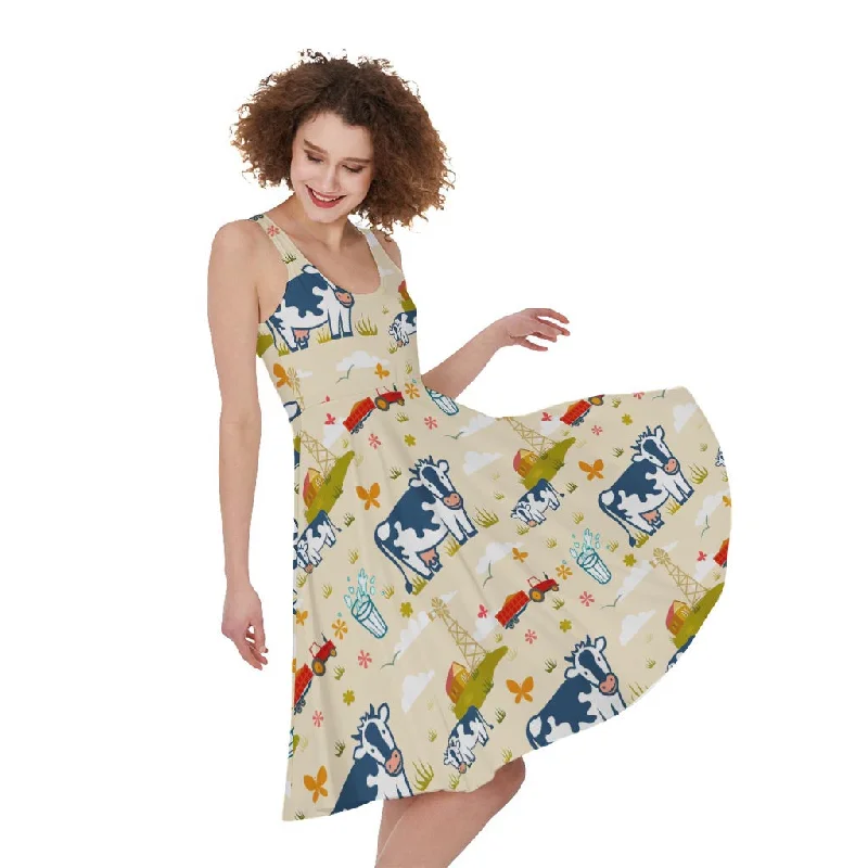 Cartoon Dairy Cow Farm Pattern Print Sleeveless Knee Length Dress Tunics Gym athletic