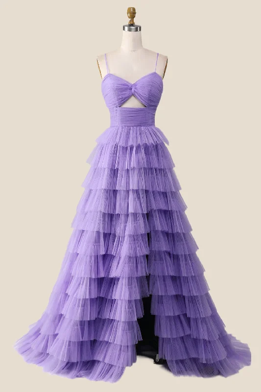 Knotted Purple Tulle Tiered Long Party Dress Pleated Skirt Elegant