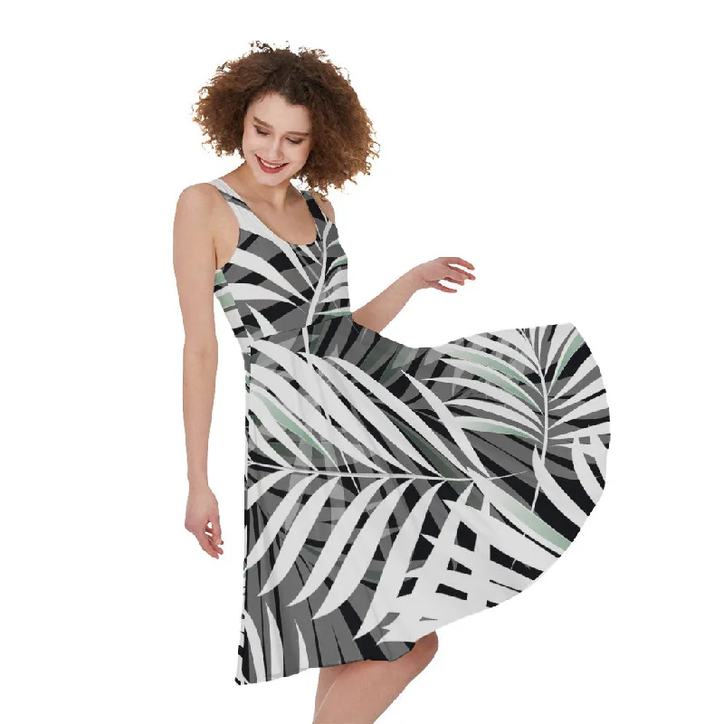 Black White Tropical Leaf Pattern Print Sleeveless Knee Length Dress Tunics Luxurious high-end