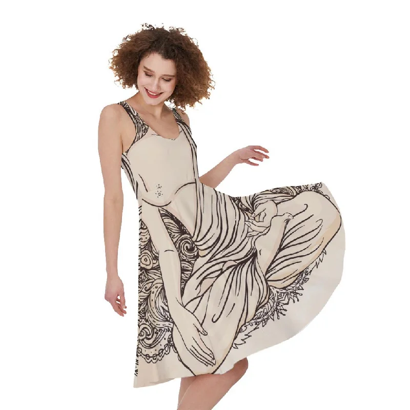 Beige Buddha Mandala Print Sleeveless Knee Length Dress Pencil Office Professional