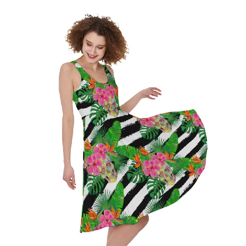 Aloha Skull Striped Pattern Print Sleeveless Knee Length Dress Tunics Prom sequined