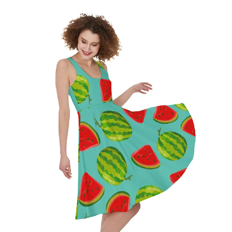 Blue Summer Watermelon Pattern Print Sleeveless Knee Length Dress Pencil Office Professional Blue Summer Watermelon Pattern Print Sleeveless Knee Length Dress Pencil Office Professional