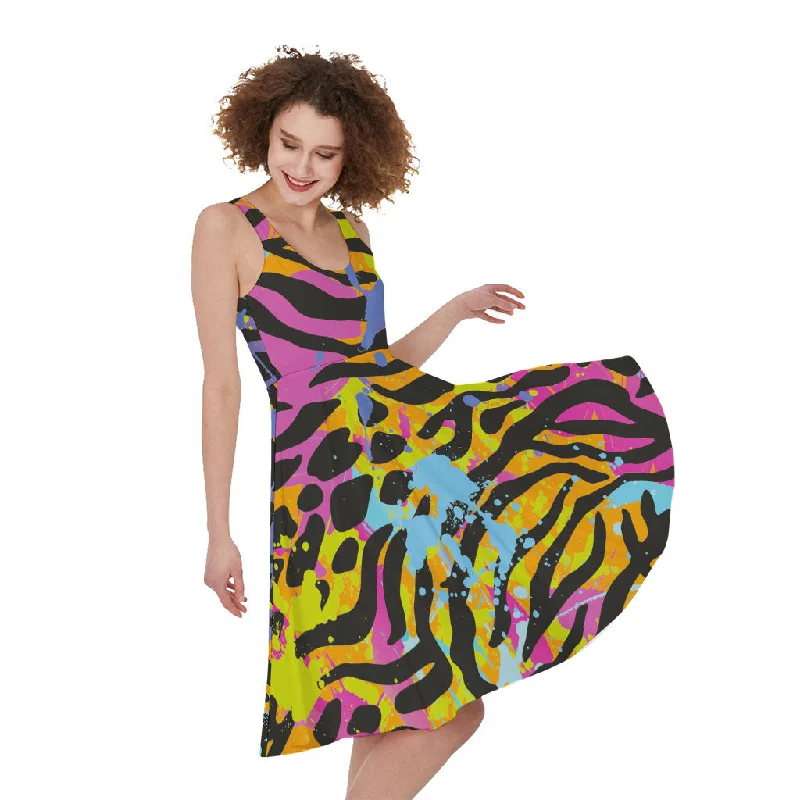 Colorful Zebra Leopard Pattern Print Sleeveless Knee Length Dress Tunics Fleece cozy