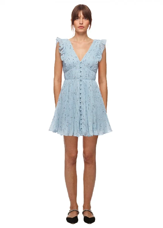 Metallic Floral Mini Dress (Blue) Fashionable Button-Front Mini Dress
