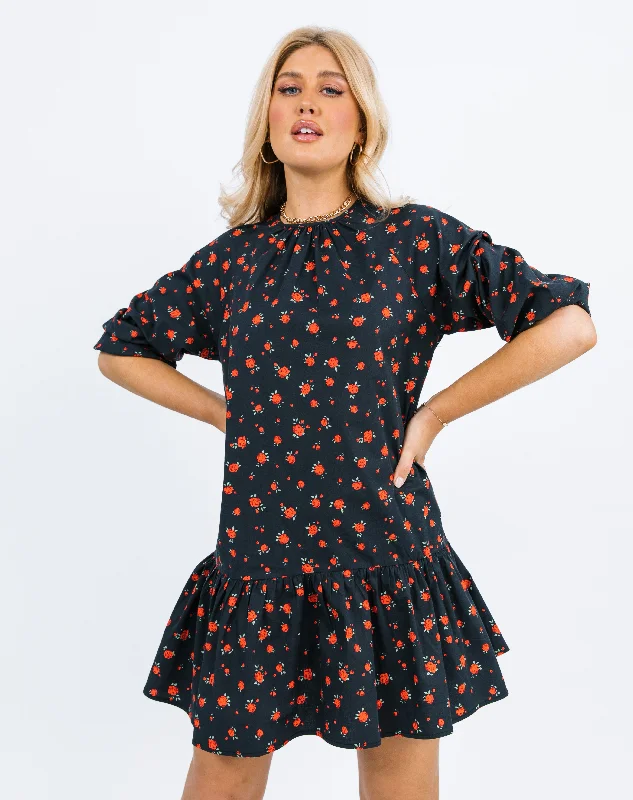 Peplum Hem Cotton Mini Dress in Black Rose Print | Clarissa Comfortable Polka Dot Mini Dress