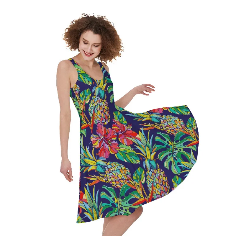 Colorful Aloha Pineapple Pattern Print Sleeveless Knee Length Dress Boatneck Modish Everyday