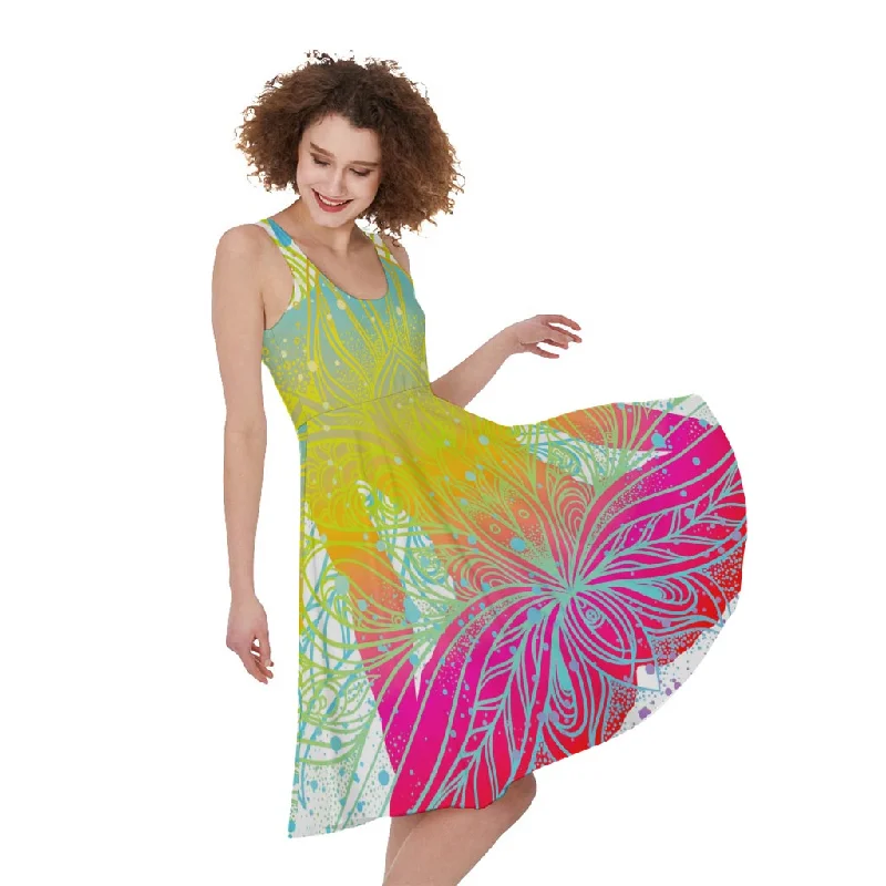Colorful Buddha Lotus Print Sleeveless Knee Length Dress Elegant Long Evening