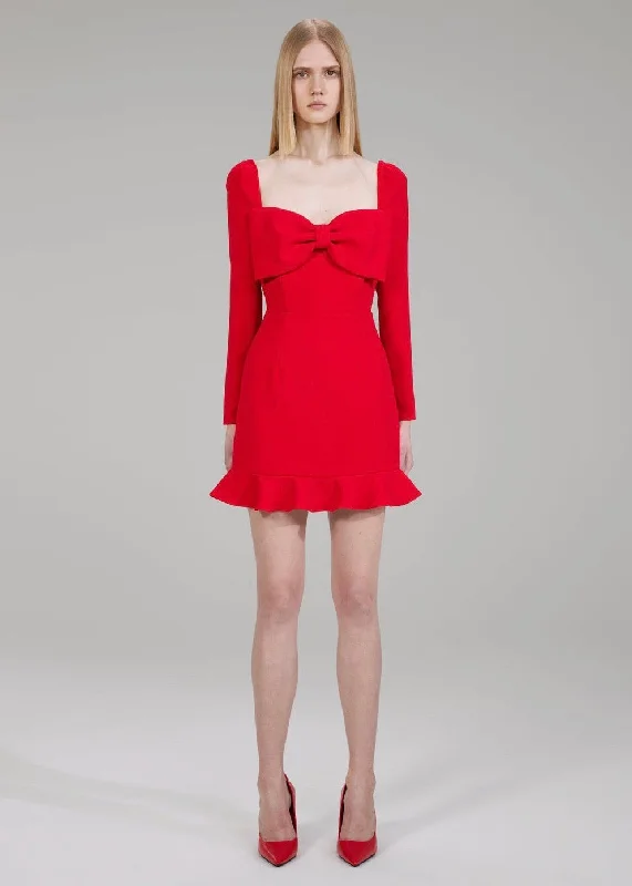 Crepe Bow Mini Dress (Red) Fashionable Off-Shoulder Mini Dress