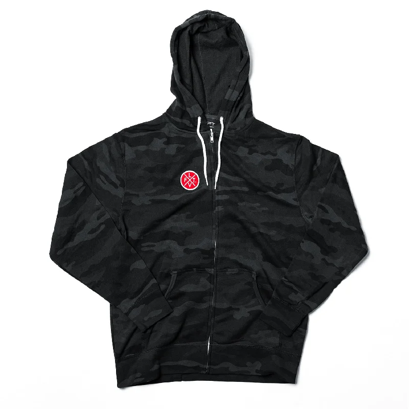 Prestige Zip- Up Hoodie - Black Camo/ Red Hoodie with Hem Ribbing Snug Secure