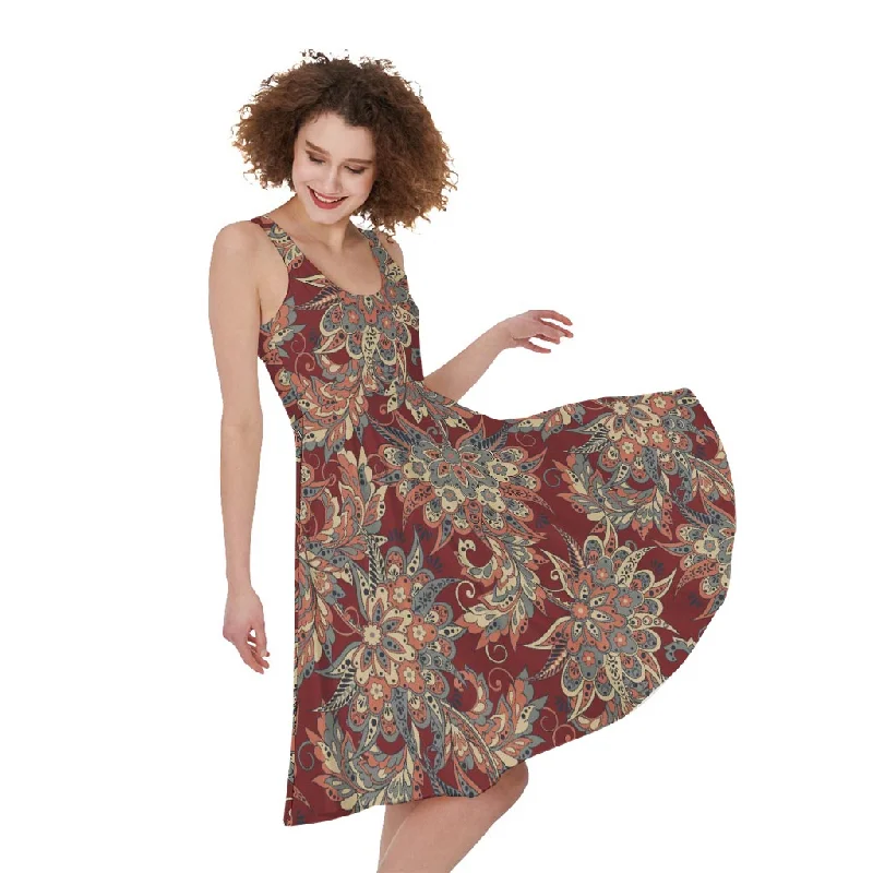 Brick Floral Bohemian Pattern Print Sleeveless Knee Length Dress Tunics Chic fashionable Brick Floral Bohemian Pattern Print Sleeveless Knee Length Dress Tunics Chic fashionable