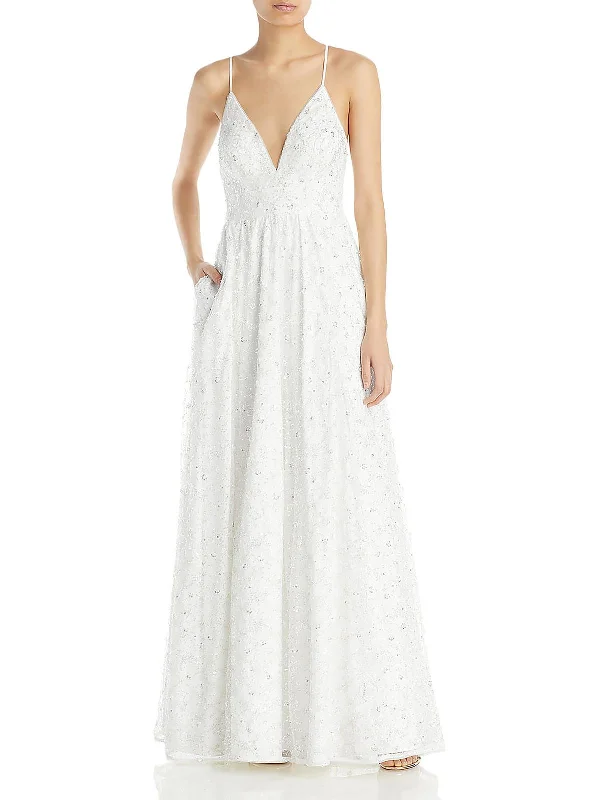 Womens Embellished V-Neck Evening Dress Shift Classic Vintage