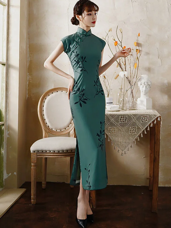 Green Floral Long Modern Cheongsam / Qipao Party Dress Tunics Solid Classic