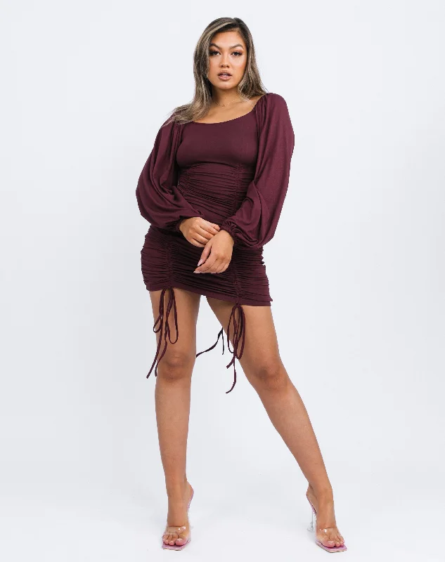 Square Neck Ruched Long Sleeve Mini Dress in Burgundy Red | Helena Cozy Ruched Mini Dress