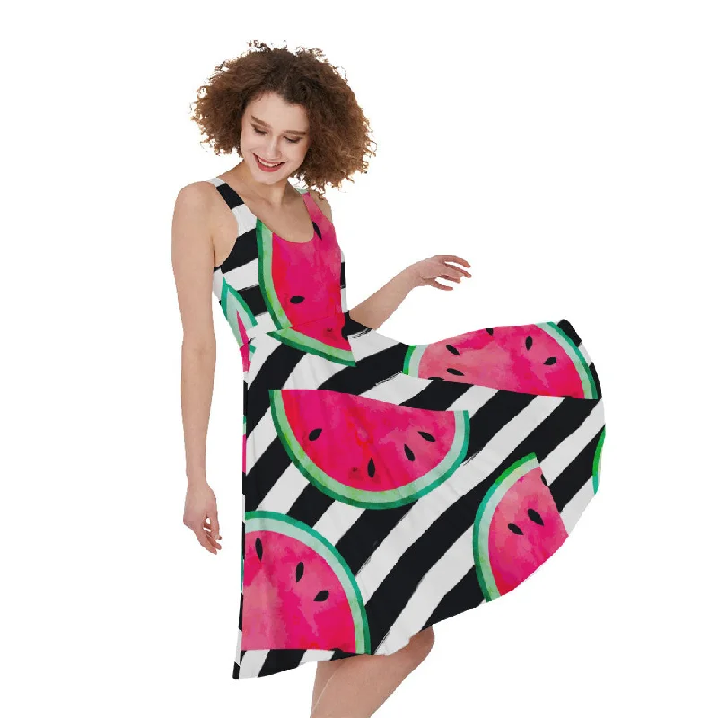 Black Striped Watermelon Pattern Print Sleeveless Knee Length Dress Tunics Satin smooth