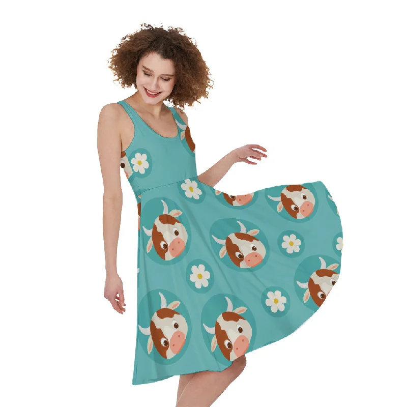 Cute Cow And Daisy Flower Pattern Print Sleeveless Knee Length Dress Crew Neckline Sporty