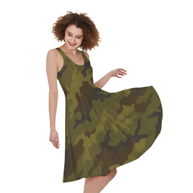 Brown Green Camouflage Print Sleeveless Knee Length Dress Tunics Fall fleece