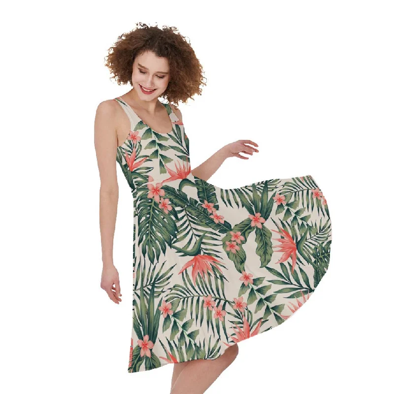 Blossom Tropical Leaves Pattern Print Sleeveless Knee Length Dress Tunics Favorite customer