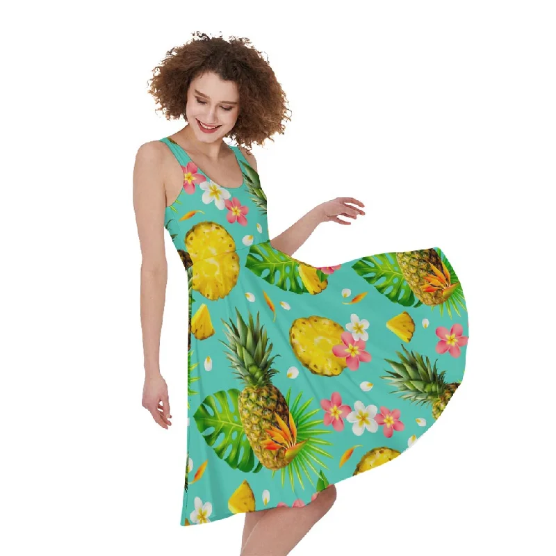 Blue Aloha Pineapple Pattern Print Sleeveless Knee Length Dress Tunics Review highly