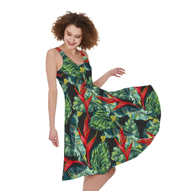 Banana Leaf Hawaiian Pattern Print Sleeveless Knee Length Dress Tunics Solid Classic