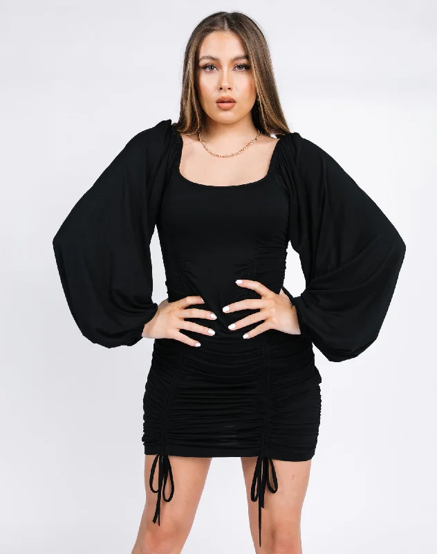 Square Neck Ruched Long Sleeve Mini Dress in Black | Helena Trendy Tulle Mini Dress