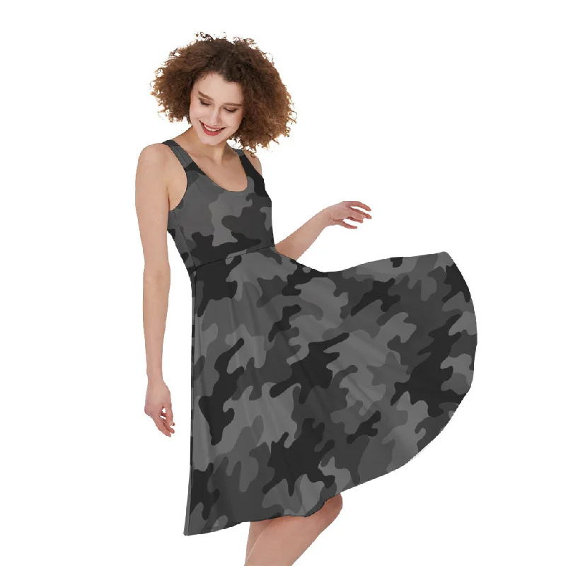 Black And Grey Camouflage Print Sleeveless Knee Length Dress Tunics Luxurious premium