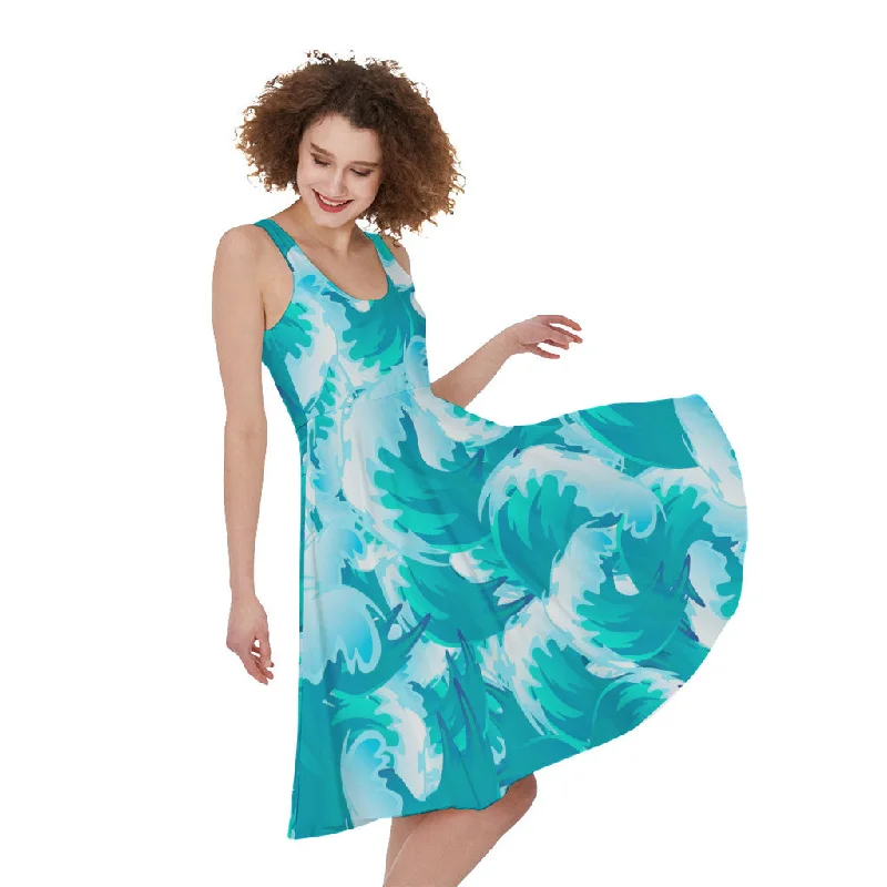 Blue Surfing Wave Pattern Print Sleeveless Knee Length Dress Maxi Flowy Bohemian