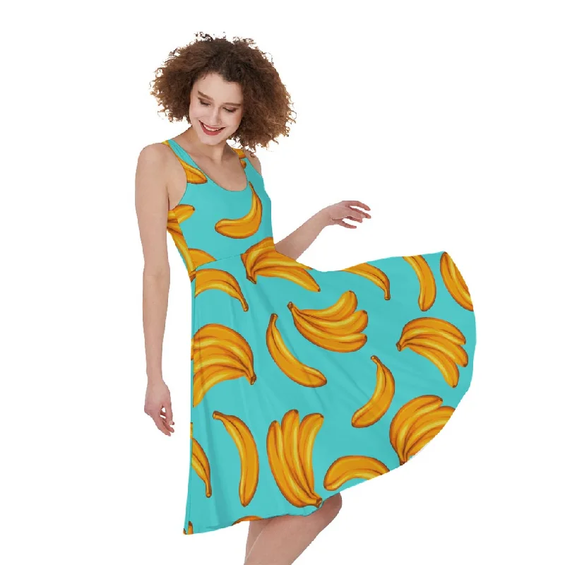 Blue Banana Pattern Print Sleeveless Knee Length Dress Tunics Vintage classic