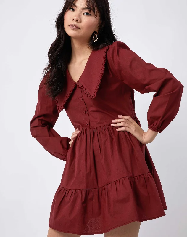 Oversized Collar Cotton Mini Dress in Burgundy | Alice Chic Mini Dress with V-Neck