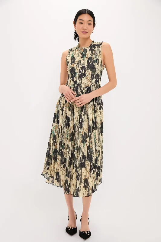 Afterglow Printed Pleats Smock Midi Straps Dress Crew Neckline Sporty