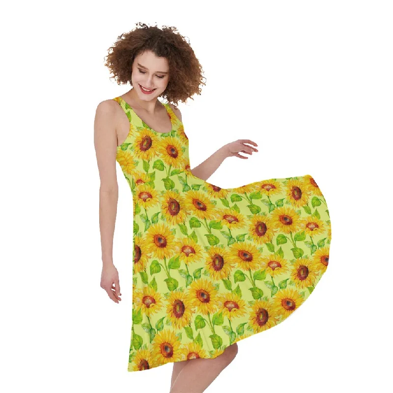 Beige Watercolor Sunflower Pattern Print Sleeveless Knee Length Dress Elegant Long Evening