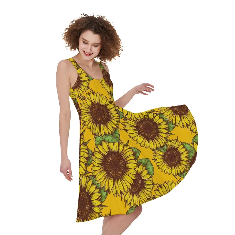 Classic Vintage Sunflower Pattern Print Sleeveless Knee Length Dress Crew Neckline Casual
