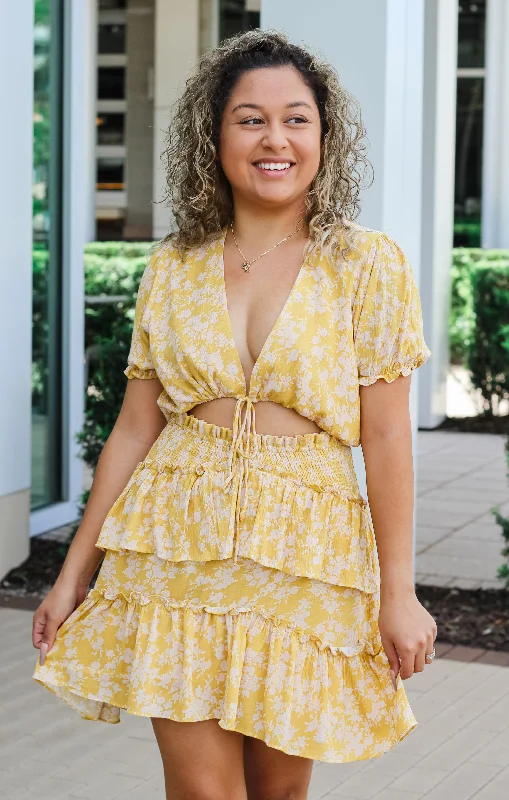The Ruffled Cut-Out Mini Dress (Gold) Elegant Satin Mini Dress